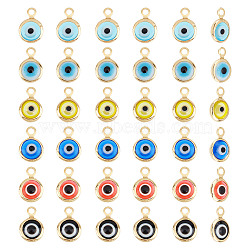 36Pcs 6 Colors Handmade Evil Eye Lampwork Charms, with Brass Findings, Flat Round, Mixed Color, 10x6.5x3mm, Hole: 1.5mm, 6pcs/color(FIND-AR0002-02)
