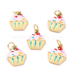 Real 18K Gold Plated Brass Charms, with Enamel and Jump Rings, Long-Lasting Plated, Cup Cake, Pink, 14.5x12x3mm, Jump Ring: 5x1mm, 3mm Inner Diameter(KK-L206-004A-G)
