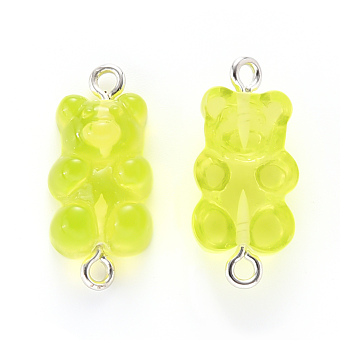 Resin Links connectors, with Platinum Plated Iron Loop, Bear, Yellow Green, 25x11.5x7mm, Hole: 1.5mm