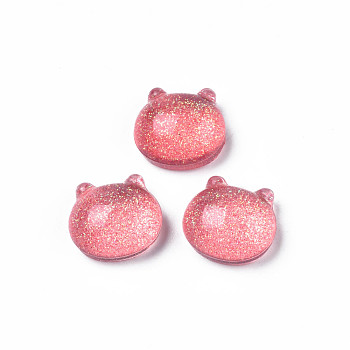 Translucent Acrylic Cabochons, with Glitter Powder, Cat, Light Coral, 14.5x15.5x8mm