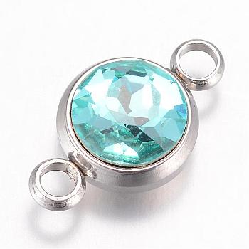 K9 Glass Links connectors, Faceted, with 304 Stainless Steel Findings, Flat Round, Stainless Steel Color, Aquamarine, 17.5x10x6.5mm, Hole: 2.5mm