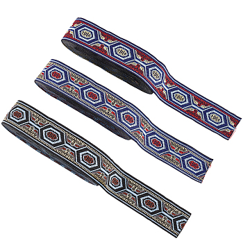 3 Rolls 3 Colors Ethnic Style Polyester Ribbons, Jacquard Ribbon, Hexagon Pattern, Mixed Color, 1-1/4 inch(33mm), about 3.72 Yards(3.4m)/Roll, 1 roll/color