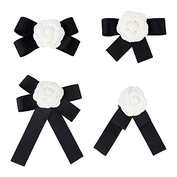ANATTASOUL 4Pcs 4 Style Polyester Camellia Bow Tie Neck Tie Lapel Pins, Platinum Alloy Bowknot Brooches for Women, Black, 70~123x110~156x25~28.5mm, 1Pc/style