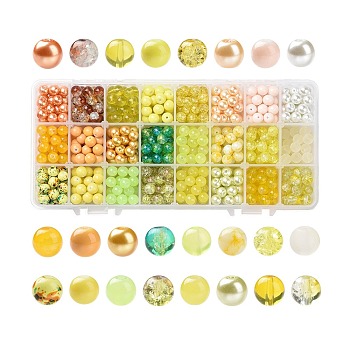 Mixed Style Glass Beads, Round, 24 Colors, Gradient Color, Yellow, 8~8.5mm, Hole: 1.3~1.6mm, about 27~30pcs/compartment, 648~720pcs/box