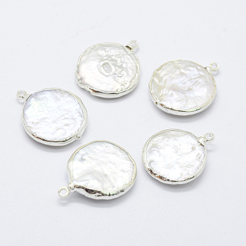 Natural Cultured Freshwater Pearl Pendants, with Brass Findings, Flat Round, Silver, 20~26x16~20x4~6mm, Hole: 1mm