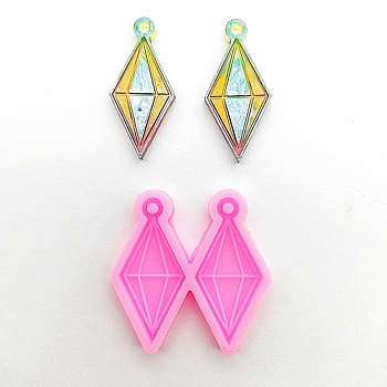 Faceted Rhombus Pendant Silicone Molds, Resin Casting Molds, for UV Resin & Epoxy Resin Jewelry Making, Hot Pink, 41x40x5.5mm, Hole: 2.5mm, Inner Diameter: 37.5x17mm