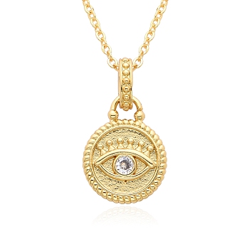 Brass Micro Pave Clear Cubic Zirconia Pendants Necklaces for Women, Flat Round with Evil Eye, Golden, 17.52 inch(44.5cm)