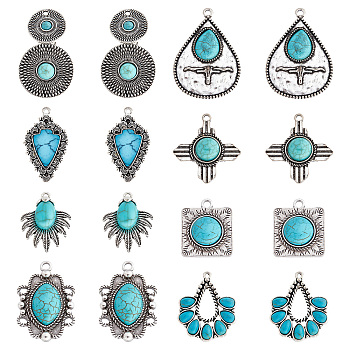 16Pcs 8 Styles Synthetic Turquoise Pendants, with Antique Silver Tone Aolly Findings, Cadmium Free & Nickel Free & Lead Free, Fan & Teardrop & Flat Round & Fish & Cross & Oval & Square, 28~47x19~34x2.5~7mm, hole: 2~3mm, 2pcs/style