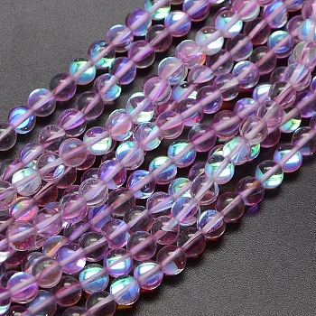 Synthetic Moonstone Beads Strands, Dyed, Holographic Beads, Half AB Color Plated, Round, Medium Orchid, 8mm, Hole: 1mm, about 49pcs/strand, 15 inch