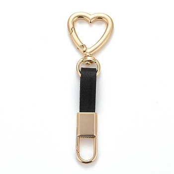 PU Leather Keychains, with Light Gold Alloy Finding, Heart, Black, 10.2cm