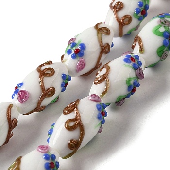 Handmade Lampwork Beads, Rice wit Flower, White, 23x12~13mm, Hole: 1.6mm
