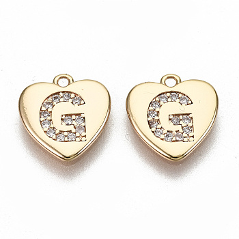 Brass Micro Pave Clear Cubic Zirconia Charms, Nickel Free, Real 18K Gold Plated, Flat Heart, Letter.G, 10x10x1mm, Hole: 1mm