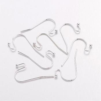 Silver Color Plated Brass Hook Ear Wire, Lead Free and Cadmium Free, Size: about 11mm wide, 22mm long, 0.75mm thick, Ball: 2mm in diameter