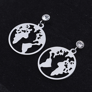 201 Stainless Steel Dangle Stud Earrings, with Clear Cubic Zirconia, Flat Round with Map, Stainless Steel Color, 24.5mm, Pin: 0.8mm