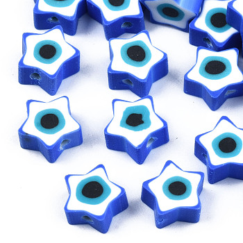 Handmade Polymer Clay Beads, Star with Evil Eye, Blue, 9x9x3.5~4.5mm, Hole: 1.4mm