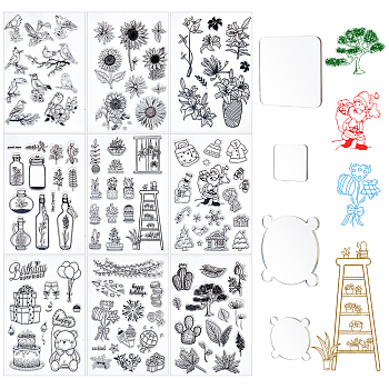 Globleland 9 Style PVC Plastic Stamps, for DIY Scrapbooking, Photo Album Decorative, Cards Making, Stamp Sheets, with Acrylic Stamping Blocks Tools, Mixed Patterns, 16x11x0.3cm, 1sheet/style, 9sheets/set