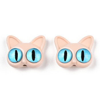 Spray Painted Alloy Beads, with Glass Eye, Cat Head, Bisque, 14x16.5x7mm, Hole: 1.5mm