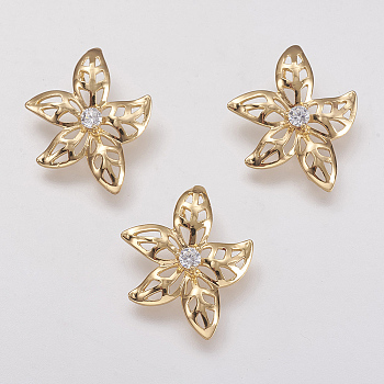 Brass Micro Pave Cubic Zirconia Pendants, Real 18K Gold Plated, Flower, 20.5x17x4mm, Hole: 2mm