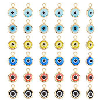 36Pcs 6 Colors Handmade Evil Eye Lampwork Charms, with Brass Findings, Flat Round, Mixed Color, 10x6.5x3mm, Hole: 1.5mm, 6pcs/color
