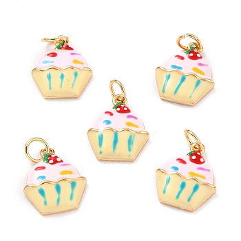 Real 18K Gold Plated Brass Charms, with Enamel and Jump Rings, Long-Lasting Plated, Cup Cake, Pink, 14.5x12x3mm, Jump Ring: 5x1mm, 3mm Inner Diameter