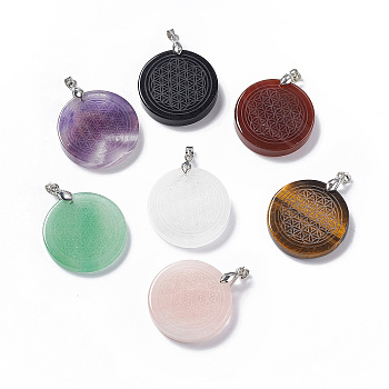 Natural Mixed Stone Pendants, Flat Round Charms with Round Pattern, with Rack Plating Platinum Tone Brass Findings, Cadmium Free & Lead Free, 30x4~8mm, Hole: 4x4mm