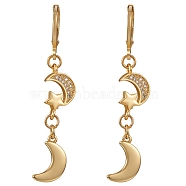 Clear Cubic Zirconia Moon and Star Dangle Leverback Earrings, Brass Jewelry for Women, Golden, 46mm, Pin: 0.8mm(EJEW-SW00011-09)