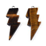 Natural Tiger Eye Pendants, Lightning Bolt Charm, with Stainless Steel Color Tone 304 Stainless Steel Loops, 40~44.5x17~20x4.5~6mm, Hole: 2mm(G-N332-53-A11)