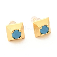 Brass Micro Pave Cubic Zirconia Stud Earrings, with Plastic Ear Nuts, Long-Lasting Plated, Real 18K Gold Plated, Square, Deep Sky Blue, 9x9x5mm, Pin: 0.6mm(EJEW-F273-14B-G)