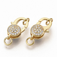 Brass Micro Pave Clear Cubic Zirconia Lobster Claw Clasps, with Jump Rings, Flat Round, Real 16K Gold Plated, 17.5x9x5.5mm, Hole: 3mm(ZIRC-S066-019)