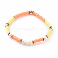 Polymer Clay Heishi Beaded Stretch Bracelets, with Natural Pearl Beads and Non-magnetic Synthetic Hematite Beads, Dark Orange, Inner Diameter: 2-1/8 inch(5.5cm)(BJEW-JB06145-05)