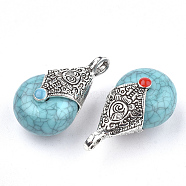 Tibetan Style Resin Pendants, with Alloy & Enamel, teardrop, Antique Silver, Turquoise, 28x16x14mm, Hole: 2~3.5mm(X-RESI-T022-16G)