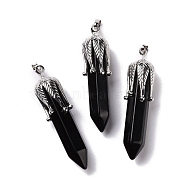 Natural Obsidian Big Pendants, with Platinum Tone Brass Findings, Cadmium Free & Lead Free, Bullet with Leaf, 53.5~57x14~15x14~15mm, Hole: 7x4mm(G-E059-03AS-06)