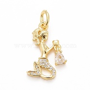 Rack Plating Brass Micro Pave Cubic Zirconia Pendants, Long-Lasting Plated, Cadmium Free & Lead Free, with Jump Ring, Mermaid with Lamp, Golden, Clear, 19x11x2mm, Jump Ring: 6x1mm, 4mm Inner Diameter(KK-B056-03G-01)