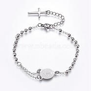 201 Stainless Steel Charm Bracelets, Religion Theme, Oval and Cross, Rosary Center Pieces, Stainless Steel Color, 6-3/4 inch(17~17.2cm), 2.8mm(BJEW-P258-15P)