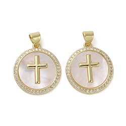 Brass Micro Pave Clear Cubic Zirconia Pendants, with Shell, Flat Round with Cross, Real 16K Gold Plated, 21.5x19x2mm, Hole: 3.5x4mm(X-KK-H466-07G)