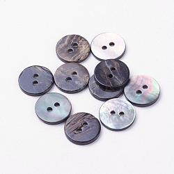 2-Hole Shell Buttons, Flat Round, Black, 15x2mm, Hole: 2mm(BUTT-L019-02E)