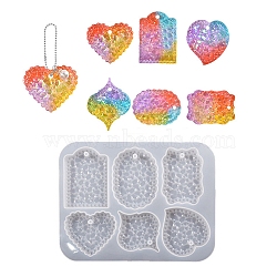 DIY Silicone Flash Diamond Effect Pendant Molds, Resin Casting Molds, for UV Resin, Epoxy Resin Jewelry Making, Heart/Rectangle/Oval, Mixed Patterns, 208x160x11mm, Hole: 6mm, Inner Diameter: 59~67x73.5~82.5mm(DIY-G079-16A)