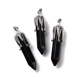 Natural Obsidian Big Pointed Pendants, with Platinum Tone Brass Findings, Cadmium Free & Lead Free, Bullet with Leaf, 53.5~57x14~15x14~15mm, Hole: 7x4mm(G-E059-03AS-06)