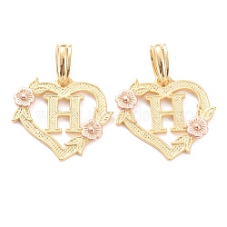 Real 18K Gold Plated Brass  Pendants, Heart with Alphabet, Letter.H, 18x20x3mm, Hole: 6.5x3mm(KK-J042-43G-H)