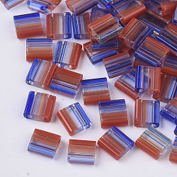 2-Hole Glass Seed Beads, Striped Seed Beads, Transparent Colours, Two Tone, Rectangle, Blue, 5x4.5~5.5x2~2.5mm, Hole: 0.5~0.8mm(SEED-S023-38C-01)