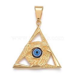 304 Stainless Steel Pendants, with Resin, Triangle with Evil Eye Protection Hands, Golden, 38.5x38x7mm, Hole: 6.5x11.5mm(STAS-K214-11G)