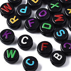 Opaque Black Acrylic Beads, Flat Round with Random Letters, Mixed Color, 9.5x6mm, Hole: 2mm, about 1550pcs/500g(MACR-Q242-009)