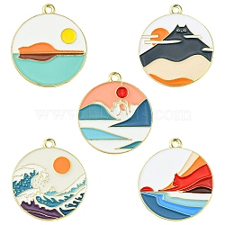 10Pcs 5 Styles Alloy Enamel Pendants, Golden, Flat Round with Cat & Sun & Sea Wave, Mixed Color, 28x25mm, Hole: 2mm, 2pcs/style(ENAM-YW0003-94)