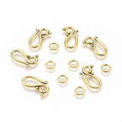 Tibetan Style Hook and Eye Clasps, Antique Golden, Lead Free and Cadmium Free, Hook: 12x20.5mm, Eye: 7.5mm, Hole: 5mm(GLF1277Y)