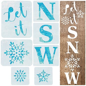 PET Hollow Painting Silhouette Stencil, DIY Drawing Template Graffiti Stencils, Square with Snowflake and Letter Pattern, Black, 12.7~20.4x15.2~16.6cm, 6pcs/set