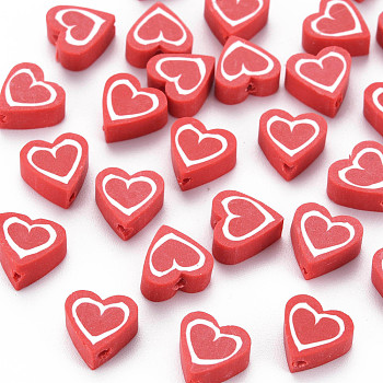 Handmade Polymer Clay Beads, Heart, Red, 8.5~9x8.5~10x4mm, Hole: 1.4~1.6mm