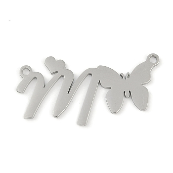 Non-Tarnish 304 Stainless Steel Pendants, Letter & Butterfly Charms, Letter M, 13.5x27x0.9mm, Hole: 1.2mm