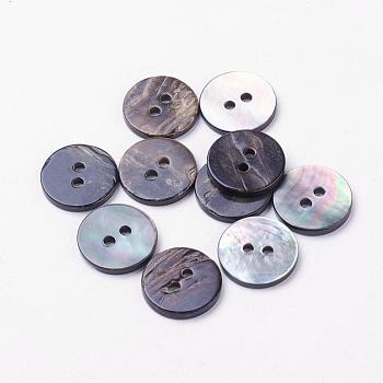 2-Hole Shell Buttons, Flat Round, Black, 15x2mm, Hole: 2mm