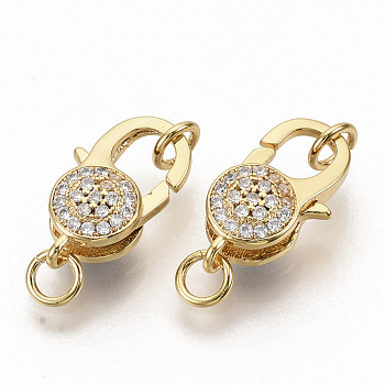 Brass Micro Pave Clear Cubic Zirconia Lobster Claw Clasps, with Jump Rings, Flat Round, Real 16K Gold Plated, 17.5x9x5.5mm, Hole: 3mm