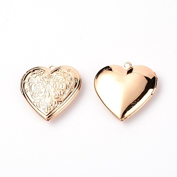 Brass Locket Pendants, Photo Frame Pendants for Necklaces, Heart with Flower Pattern, Light Gold, 29x29x7mm, Hole: 2mm